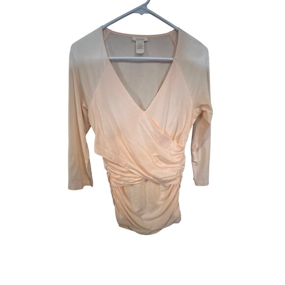 Wrap V-Neck Ruched Blouse By Sundance Small 95% Cotton 5% Spandex Peach Wrap - Picture 2 of 4